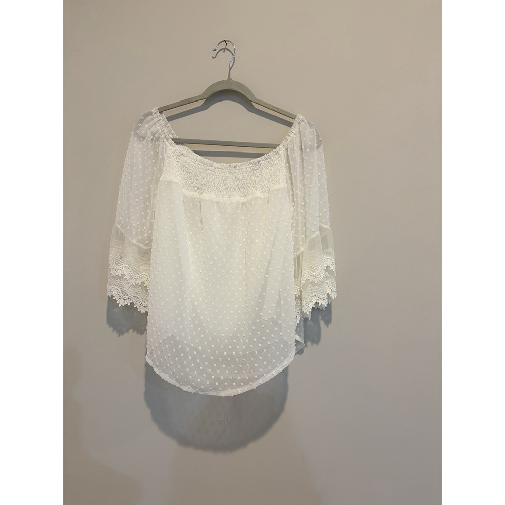 Women's Off Shoulder White Bell Sleeve Blouse Smocked Crochet Detail Polka Dot